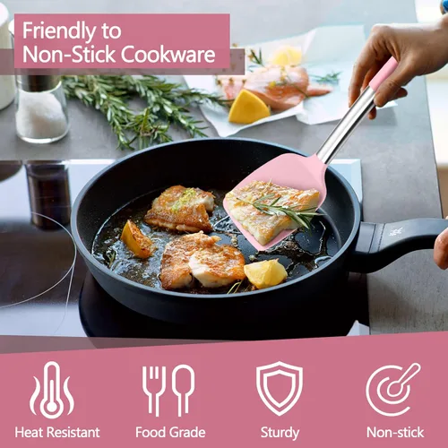Miniatura 5 de P&P CHEF Juego de 4 utensilios de cocina rosados, espátulas sólidas de silicona, cucharas ranuradas para utensilios de cocina antiadherentes