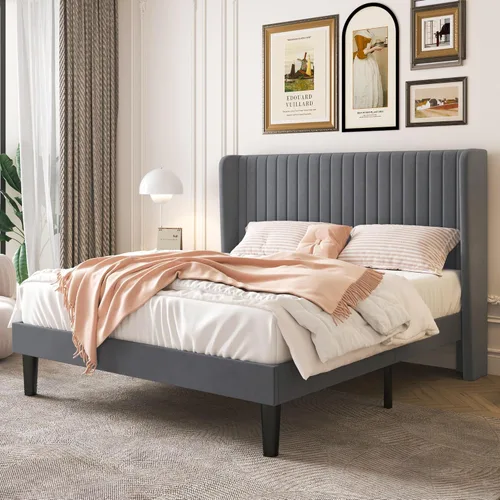 Miniatura 11 de SHA CERLIN Marco de cama de terciopelo tamaño completo con cabecera de respaldo alto con capitoné de canales verticales, cama plataforma tapizada