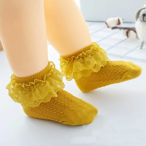 Miniatura 3 de Colorful Childhood Calcetines de encaje con volantes y ojales para bebés y niñas pequeñas, calcetines cortos de doble encaje para recién nacidosbebés
