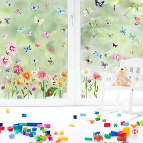 Miniatura 5 de 80 calcomanías de pared con diseño de flores, mariposas, crisantemos, libélulas, flores, despegar y pegar, arte removible de PVC para jardín