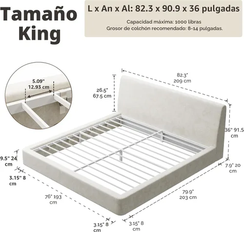 Miniatura 2 de RECCI AirFrame - Base de cama tamaño King con cabecera ergonómica acolchada de espuma en ángulo, marco de cama de plataforma de diseño minimalista