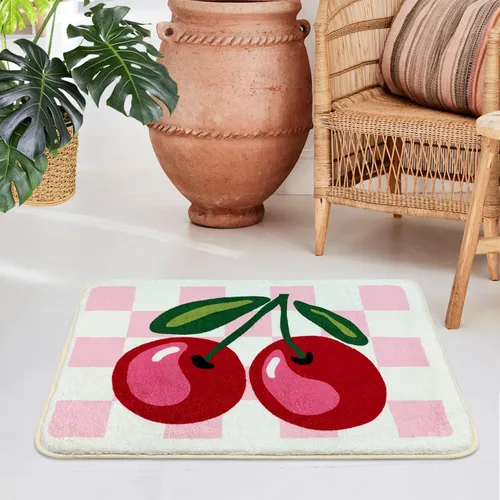 Miniatura 4 de SHIYUE Bonita alfombra de baño de cerezo a cuadros, antideslizante, extra suave, esponjosa, absorbente, de microfibra, divertida decoración de ducha