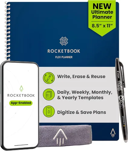 Miniatura 11 de Rocketbook Fusion Hybrid - Planificador y cuaderno reutilizables en uno, páginas en blanco adicionales, rastreador de metas y proyectos, Azul marino