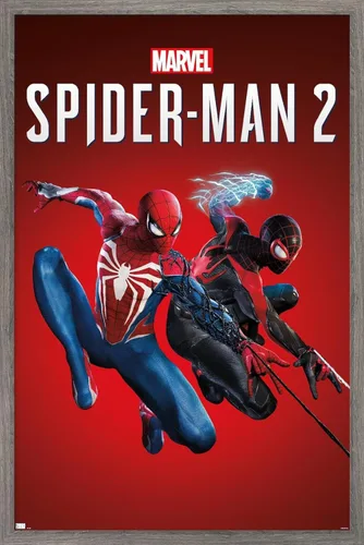 Marvel's Spider-Man 2 - Póster de pared de arte clave, 22.4 pulgadas de largo x 14.7 pulgadas de ancho, versión enmarcada de madera de granero