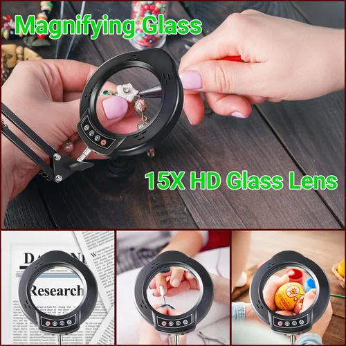Miniatura 3 de Lupa 15X con luz y soporte, 5 modos de color, 10 niveles de brillo ajustable, lámpara de escritorio 2 en 1 con abrazadera, lupa de luz LED manos