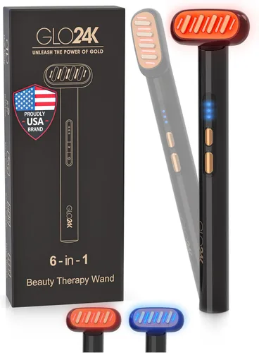 GLO24K Varita de Terapia de Belleza 6-EN-1 para la Cara, Ojos y Cuello. Basada en Tecnología de Luz LED Dual, Térmica, Vibración y Microcorriente.