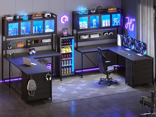 Miniatura 4 de SEDETA Escritorio Gaming en Forma de L con Cajones, Escritorio para Computadora en Forma de L con Estante Superior y Repisas de Almacenamiento