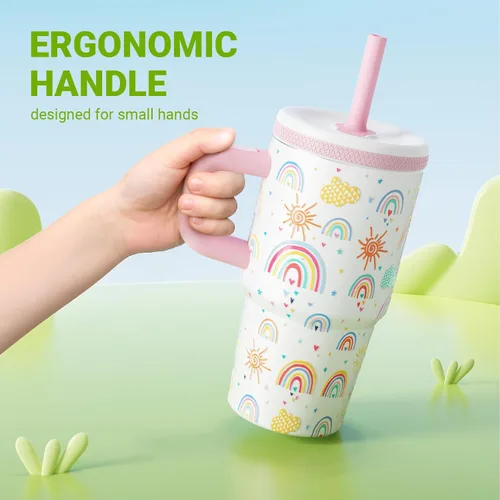 Miniatura 5 de Taza infantil de 20 oz con asa, tapa de rosca a prueba de fugas con pajita de silicona extraíble, a prueba de derrames, botella de agua reutilizable