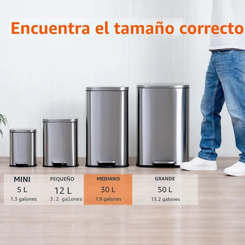 Miniatura 4 de Amazon Basics Cubo de basura mediano, 7.9 galones (30 litros), contenedor rectangular resistente a las manchas con tapa de cierre suave, pedal