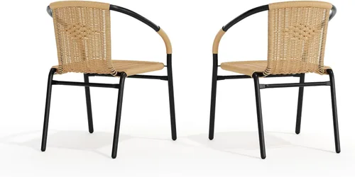 Miniatura 10 de Flash Furniture Lila Paquete de 2 Sillas Apilables de Ratán Beige para Restaurante Interior-Exterior