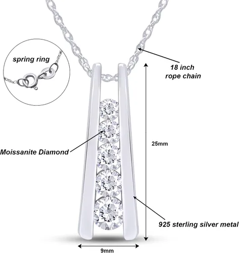 Miniatura 2 de Collar con colgante de barra de viaje de cinco piedras de moissanita y diamante cultivado en laboratorio de 1.25 quilates en oro de 14 quilates