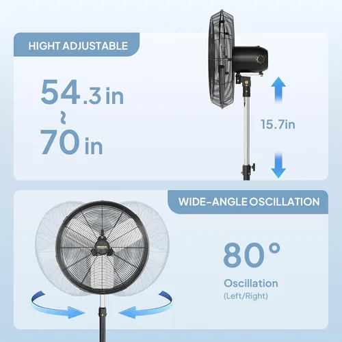 Miniatura 5 de ROVSUN Ventilador de pedestal industrial de 20 pulgadas, ventilador de pie de alta velocidad de 5000 CFM y resistente, ventilador de metal