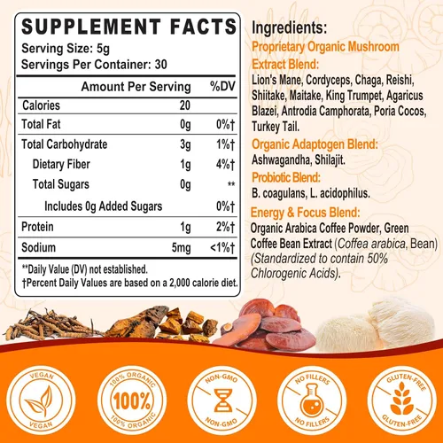 Miniatura 2 de Café de hongos – Café de hongos orgánico con 11 hongos superalimentos, incluye melena de león, reishi, chaga, cordyceps y adaptógenos, suplemento