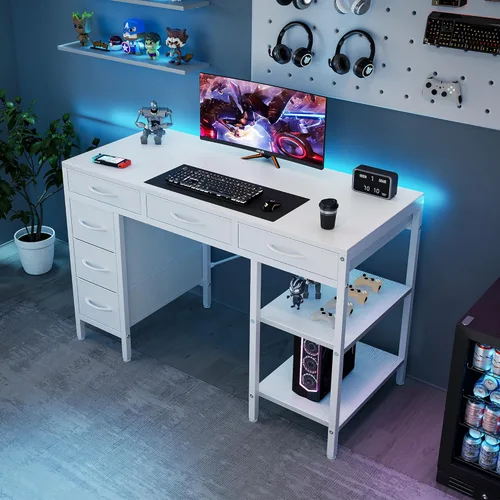 Miniatura 4 de Sweetcrispy Escritorio para computadora de 47 pulgadas con 6 cajones, escritorio para juegos de oficina en casa con estantes de almacenamiento