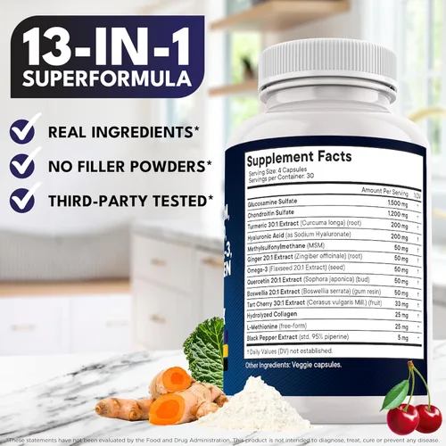 Miniatura 6 de Condroitina de glucosamina, MSM, curcumina de cúrcuma, colágeno, ácido hialurónico, Omega 3 - Suplemento de salud para hombres y mujeres - 240