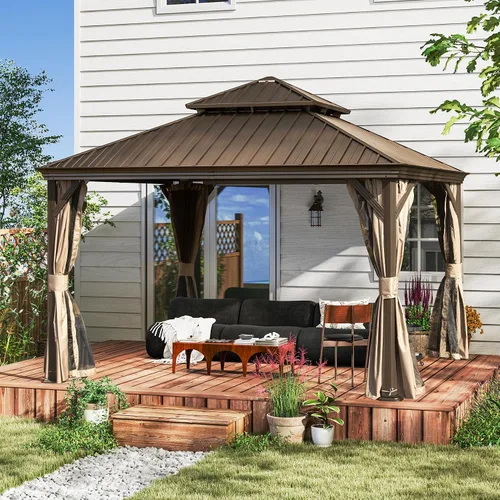 Miniatura 29 de Domi - Cenador de techo rígido de 8 x 8 pies con malla y cortinas, cenador para exteriores con techo doble de acero galvanizado para patio, césped