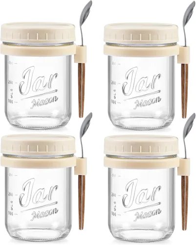 LANDNEOO Paquete de 4 Recipientes para Avena Nocturna con Tapas y Cucharas, Frascos de Vidrio Mason de 16 oz con Tapas Herméticas, Frascos para Beige