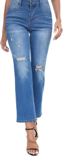 Miniatura 2 de Jeans para mujer, rasgados de cintura media, jeans estilo boyfriend, pierna recta, elásticos, desgastados, jeans para mamá con agujero