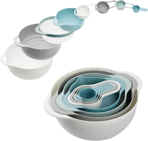 Cuencos de mezcla de plástico - Juego de 8 cuencos de mezcla multicolor, anidados para fácil almacenamiento, incluye tazas de medición, colador,