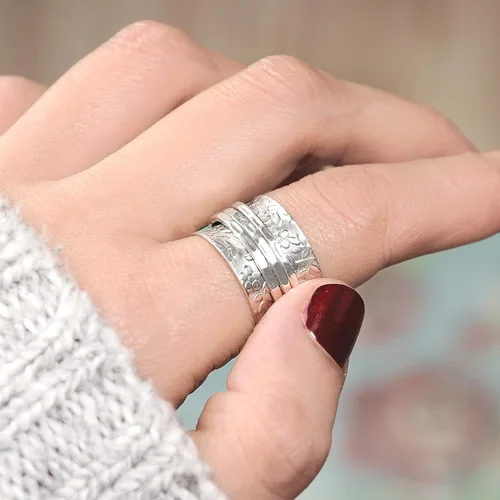Miniatura 5 de Boho-Magic Anillo giratorio de plata de ley 925 con flores para mujer, anillo para aliviar la ansiedad
