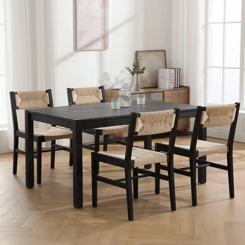 Miniatura 4 de BESTANO Juego de 2 sillas de comedor de ratán tejido, sillas de comedor bohemias de mimbre estilo granja, silla de comedor de caña de madera negra
