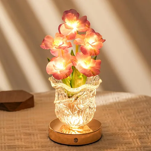 WSYEAR Pink Tulip Flower Lamp, Artificial LED Flower with Vase Lamp Cordless Night Light 3-Color Adjustable Dimming Romantic Decor for Mothers