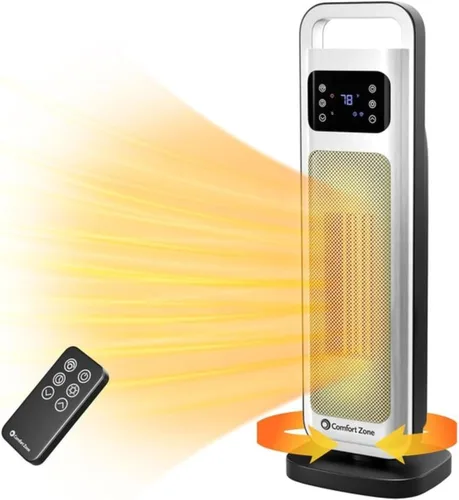 Comfort Zone Calentador de espacio de torre de 26 pulgadas y 1500 W para uso en interiores, control remoto, termostato ajustable, temporizador de 24