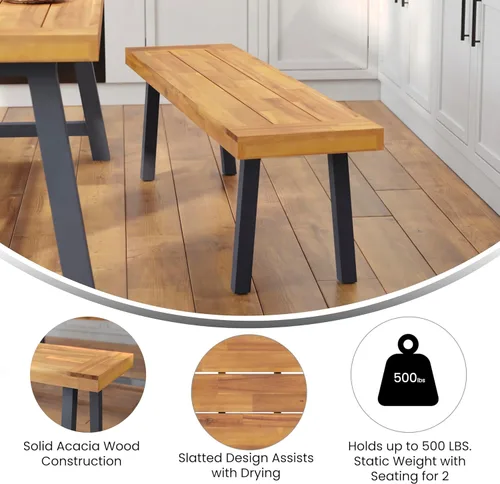 Miniatura 5 de BizChair Banco de madera de acacia maciza, parte superior de listones con acabado natural, patas de madera acampanadas negras, 500 libras. Capacidad