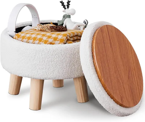 Miniatura 14 de Wimarsbon Otomana de almacenamiento, moderno reposapiés redondo con asiento acolchado suave, reposapiés de terciopelo teddy con patas de madera