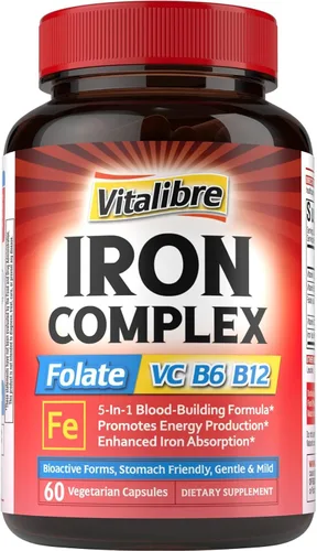 Suplemento de hierro para mujeres y hombres, con vitaminas C, B6, B12 y ácido fólico para la deficiencia de hierro, construcción de sangre y apoyo