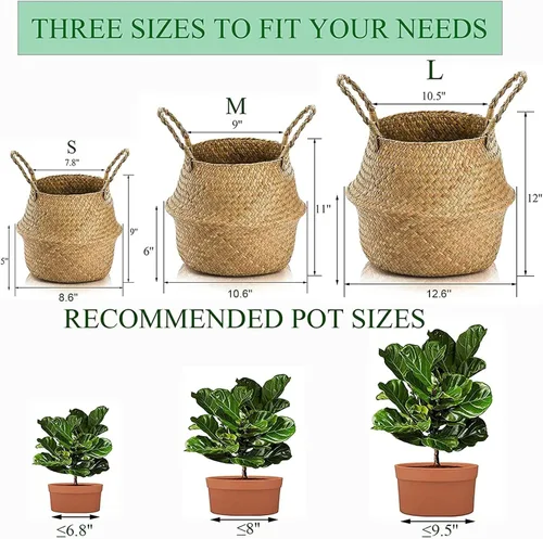 Miniatura 5 de Yesland Paquete de 2 cestas tejidas de hierba marina con asas, cestas de mimbre ideales para almacenamiento de plantas, cestas para lavandería