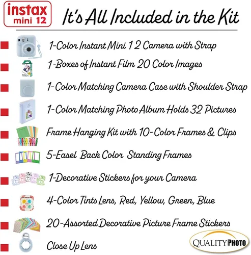 Miniatura 3 de Fujifilm Cámara instantánea Instax Mini 12 + 20 impresiones fotográficas + paquete de calidad fotográfica, funda, calcomanías decorativas, marcos