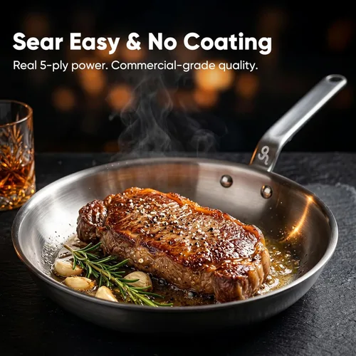 Miniatura 2 de Sartén de Acero Inoxidable de 10 Pulgadas - Sartén de 5 Capas con Núcleo de Aluminio, Calentamiento Uniforme y Duradera, Utensilios de Cocina