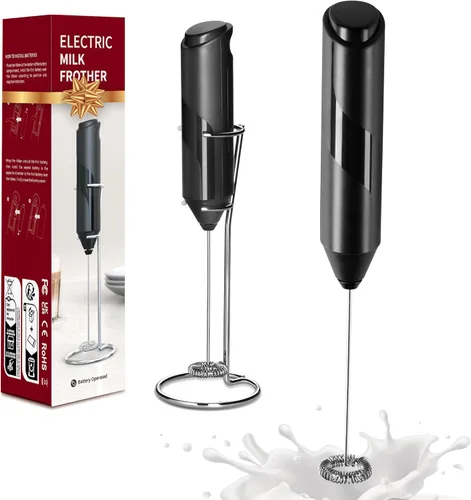 HealSmart Espumador de leche de mano, mezclador eléctrico de bebidas con batidor de acero inoxidable y soporte para café, lattes, capuchino, matcha,