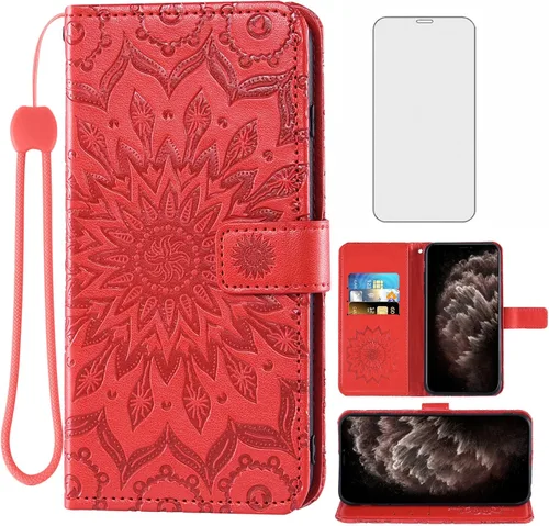 Funda de teléfono para iPhone 11 Pro Max 6.5 con protector de pantalla de vidrio templado y funda de cuero con tapa para tarjetero, accesorios para