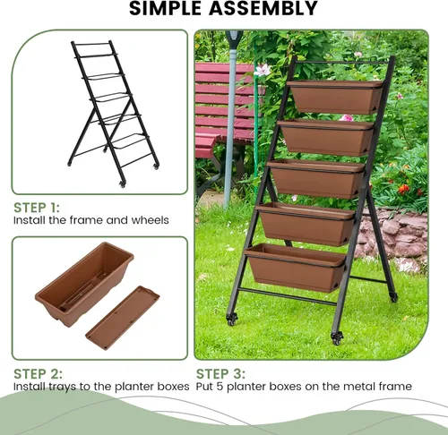 Miniatura 8 de Giantex Cama de jardín elevada vertical sobre ruedas, macetas elevadas de 5 niveles, camas de jardín con orificio de drenaje, 5 contenedores