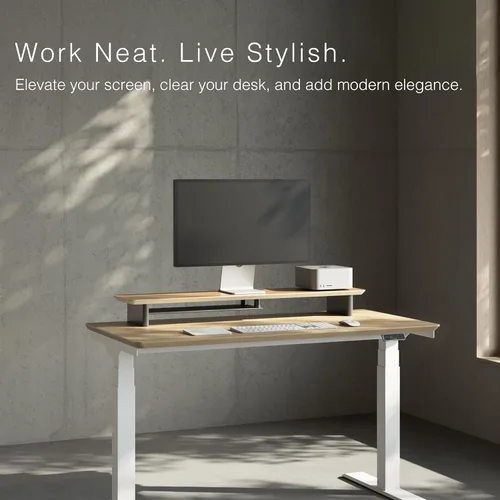 Miniatura 2 de amesoba - Configuración de escritorio ergonómico de dos niveles en roble blanco – Soporte moderno de monitor de madera y elevador de espacio