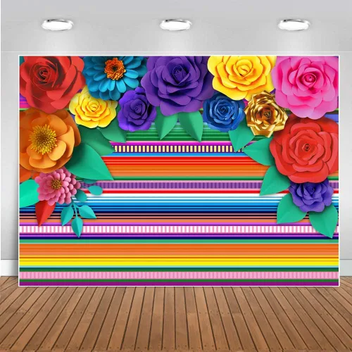 Fondo de fiesta temática mexicana a rayas, fiesta de Cinco de Mayo, fondo de flores de papel, decoración de fiesta para decoración de mesa de
