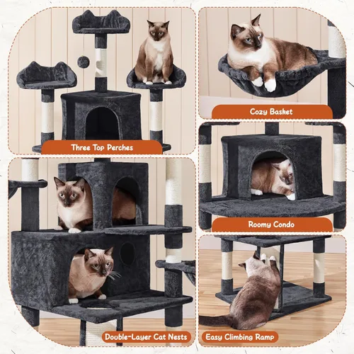 Miniatura 5 de Yaheetech Árbol grande para gatos de 76.5 pulgadas, torre grande para gatos con 3 condominios, perchas de felpa acogedoras, 9 postes rascadores