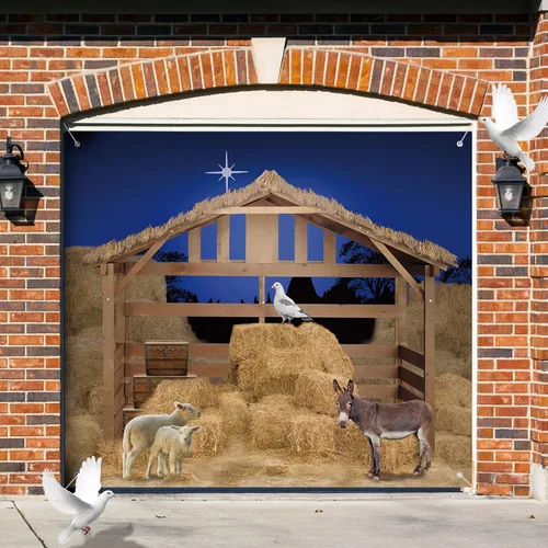 Miniatura 9 de Preboun Cubierta para pancarta de puerta de cochera de Navidad con escena del pesebre del establo, telón de fondo para granja, granero, gran mural