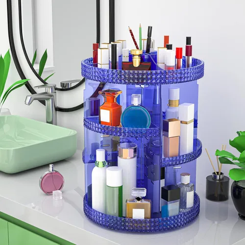 Miniatura 7 de Organizador de maquillaje giratorio grande de 360 grados para mostrador, organizadores de maquillaje acrílico azul, organizador de perfumes