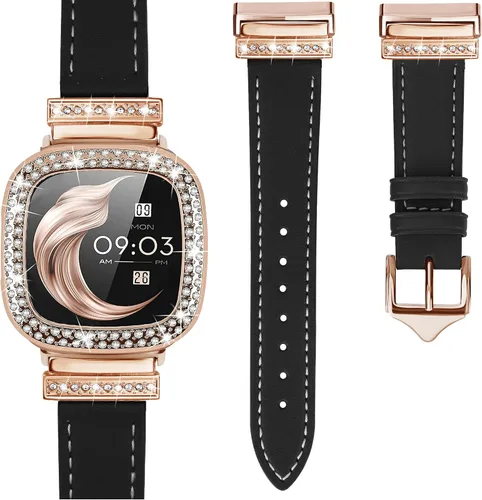 Miniatura 11 de Correa de cuero compatible con Fitbit Sense 2/Versa 4 para mujeres, elegante correa de cuero con hebilla metálica en forma de D con strass con funda