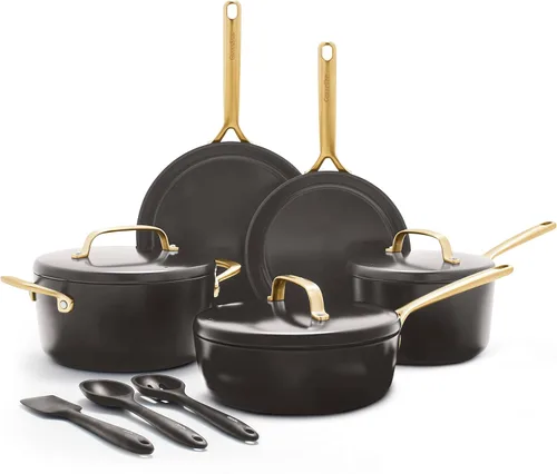 GreenPan GP5 - Juego de ollas y sartenes de 14 piezas, cerámica anodizada dura, antiadherente, sin PFAS, apto para inducción, resistente a los Negro