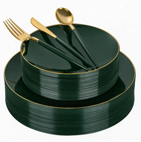 Miniatura 14 de DaYammi Juego de 150 platos de plástico dorado con cubiertos desechables, juego de vajilla desechable de oro blanco, 30 platos llanos, 30 platos