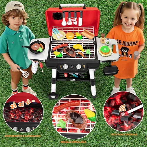 Miniatura 5 de Juguetes de cocina para niños, juego de barbacoa para niños con luz de sonido ahumado, juguete de barbacoa de 2 capas con ruedas, juguetes de comida