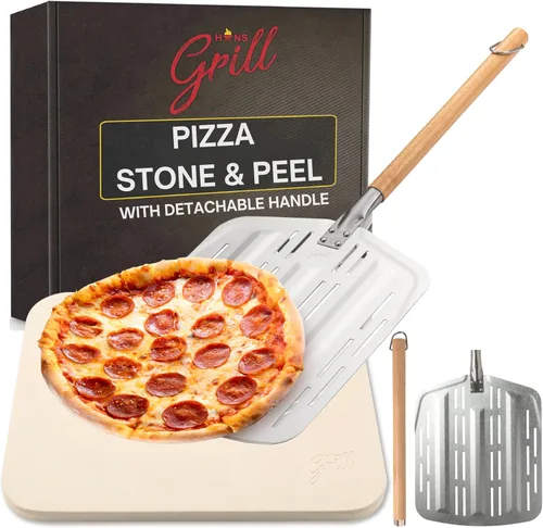 Hans Grill - Piedra para pizza PRO XL, piedra para hornear para pizzas para uso en horno, parrilla o barbacoa, pala de pizza de aluminio anodizado
