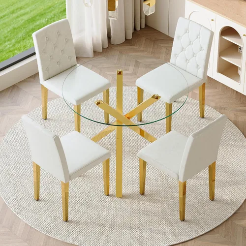 Miniatura 12 de Juego de mesa de comedor redonda de vidrio para 4, mesa de cocina redonda de 39 pulgadas y sillas para 4 personas con tapa de vidrio templado y base