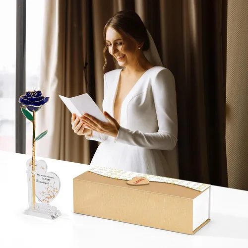 Miniatura 4 de Mikasol Rosa Real Bañada en Oro de 24K Preservada para Siempre, 1 Paquete de Decoración de Flor Infinita Sumergida a Mano Regalo Romántico para Azul