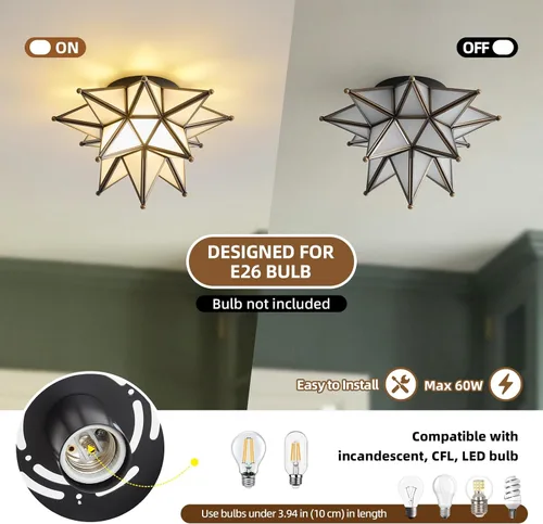Miniatura 4 de Lámpara de techo negra con estrella morava, bronce aceitado, estilo vintage, antiguo, iluminación empotrada, estilo Art Deco de mediados de siglo