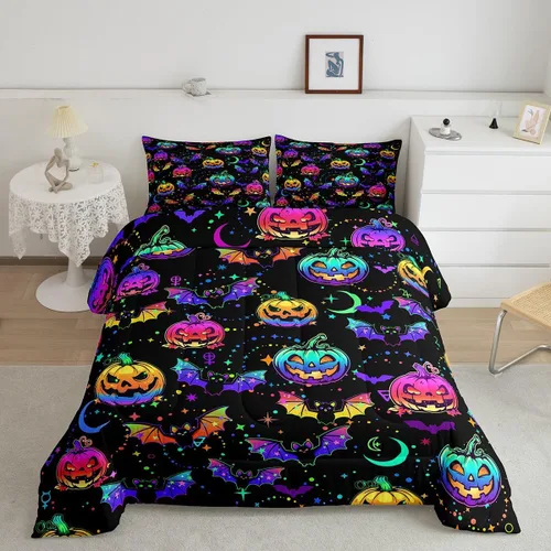 Miniatura 29 de Erosebridal Juego de ropa de cama de murciélago de Halloween, tamaño individual, juego de edredón de estrellas con purpurina y galaxia para niños
